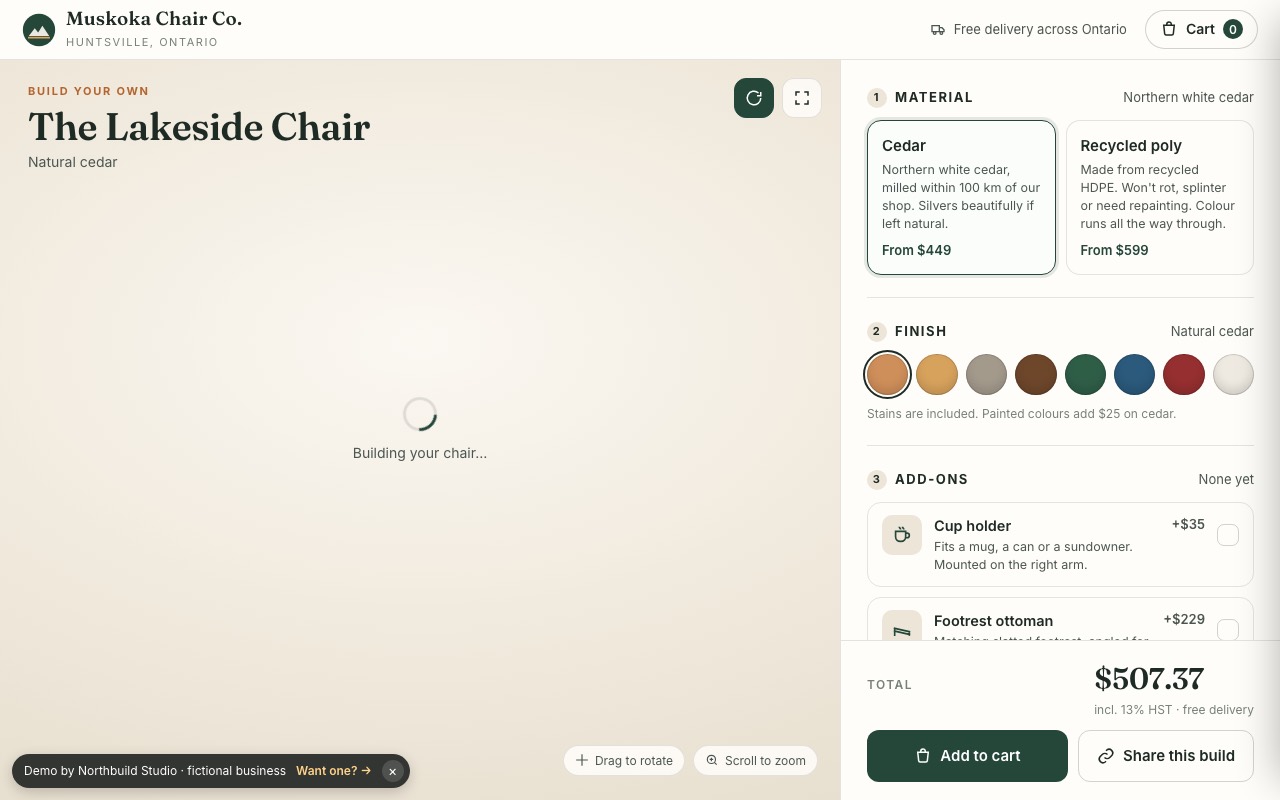 Screenshot of the 3D product configurator demo